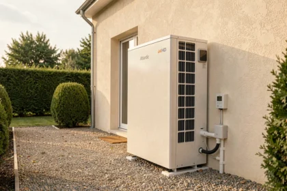 Pompe à chaleur air-eau Atlantic 11 kW installée sur la façade extérieure d'une maison individuelle