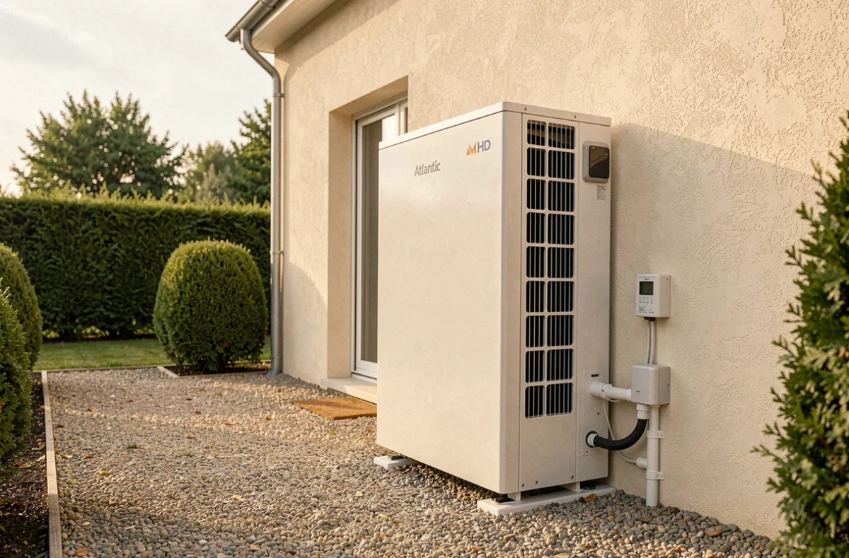 Pompe à chaleur air-eau Atlantic 11 kW installée sur la façade extérieure d'une maison individuelle