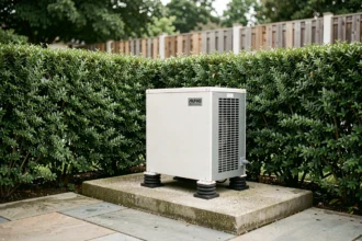 Pompe à chaleur installée sur plots anti-vibrations dans un jardin résidentiel avec haie végétale comme écran acoustique