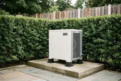 Pompe à chaleur installée sur plots anti-vibrations dans un jardin résidentiel avec haie végétale comme écran acoustique