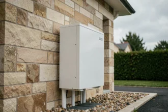Pompe à chaleur air-eau Thermor installée sur la façade extérieure d'une maison individuelle