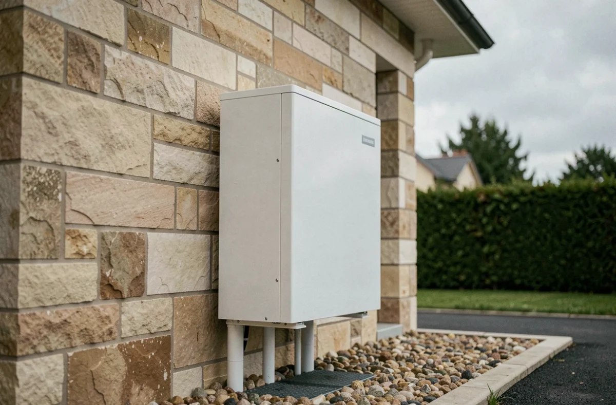 Pompe à chaleur air-eau Thermor installée sur la façade extérieure d'une maison individuelle