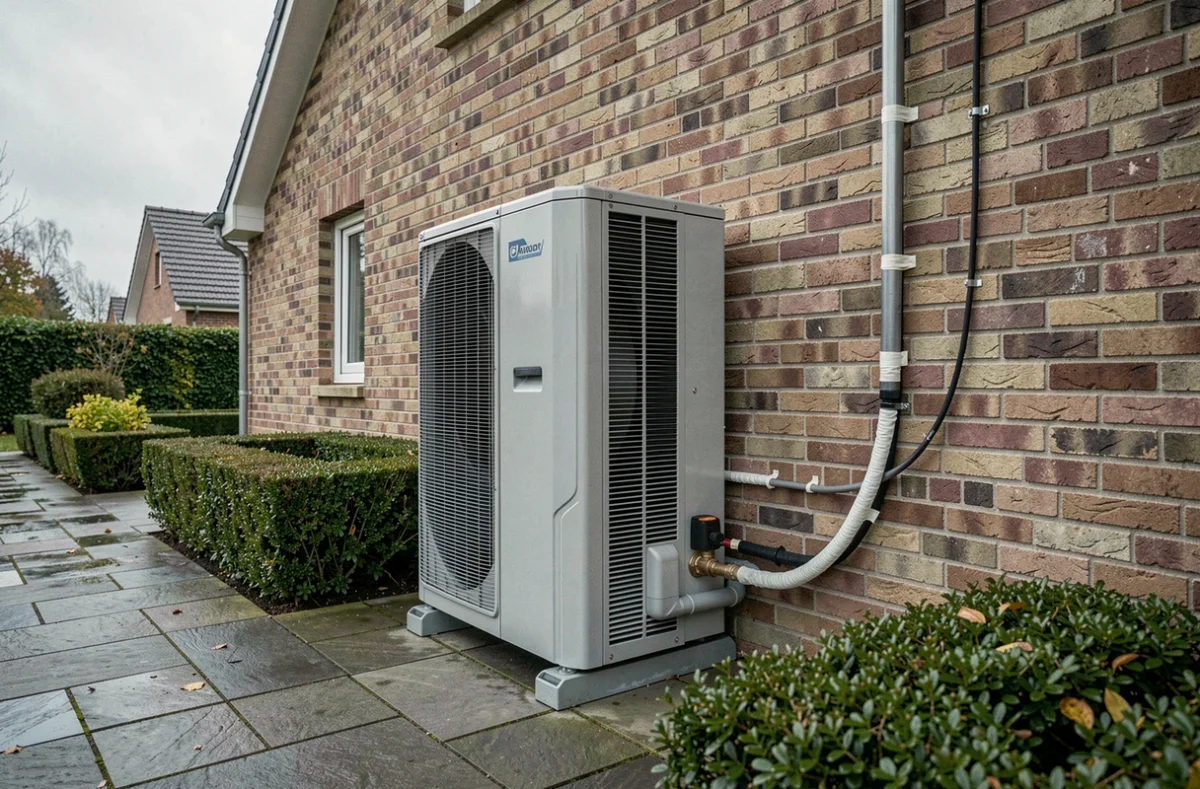 Unité extérieure de pompe à chaleur air-eau installée contre le mur d'une maison individuelle française avec câblage électrique apparent