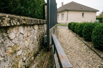 Portail coulissant installé le long d'une allée étroite bordée d'un muret en pierre, solution d'ouverture adaptée aux accès resserrés