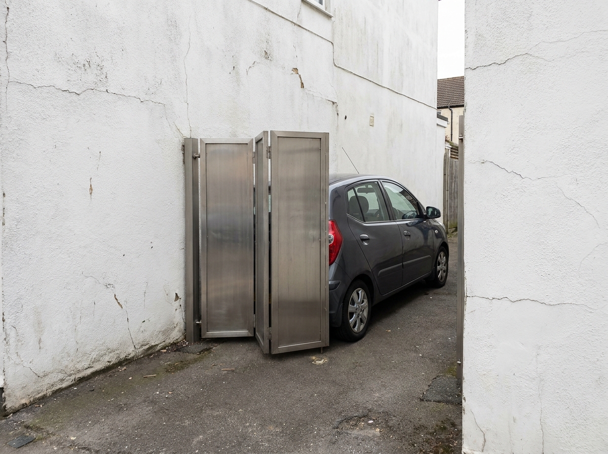 Portail pliant bi-fold adapté à une allée très étroite devant une maison individuelle, alternative au portail battant classique