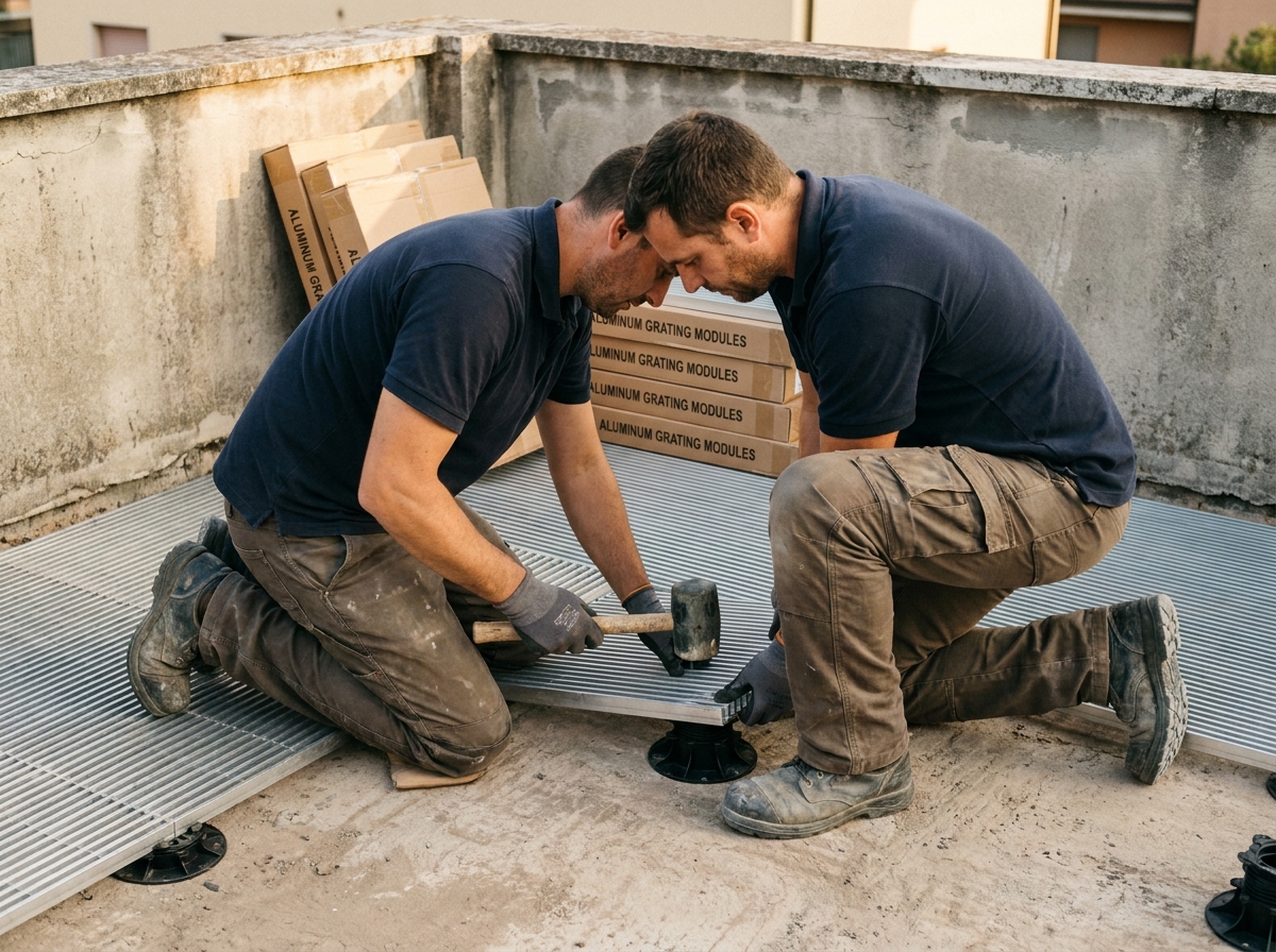 Poseur professionnel en train d'installer des dalles caillebotis aluminium sur plots réglables lors d'un chantier de terrasse résidentielle