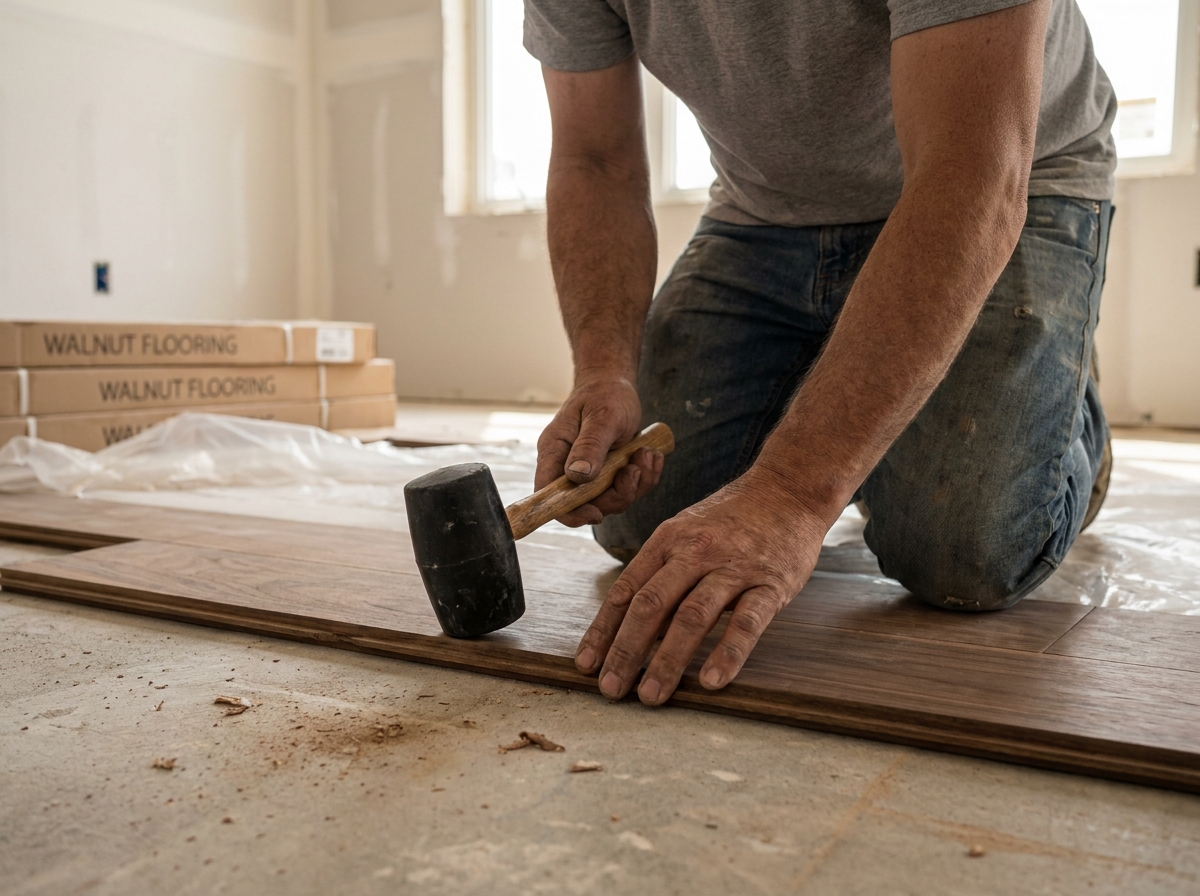 Pose de parquet en noyer par un artisan lors d'une rénovation résidentielle