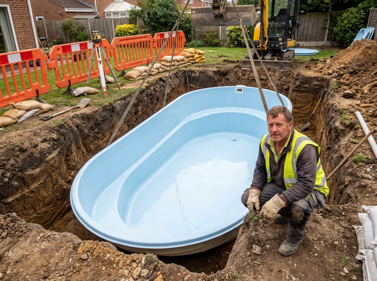 Installateur professionnel en train de poser une piscine coque polyester ovale dans une fouille de jardin