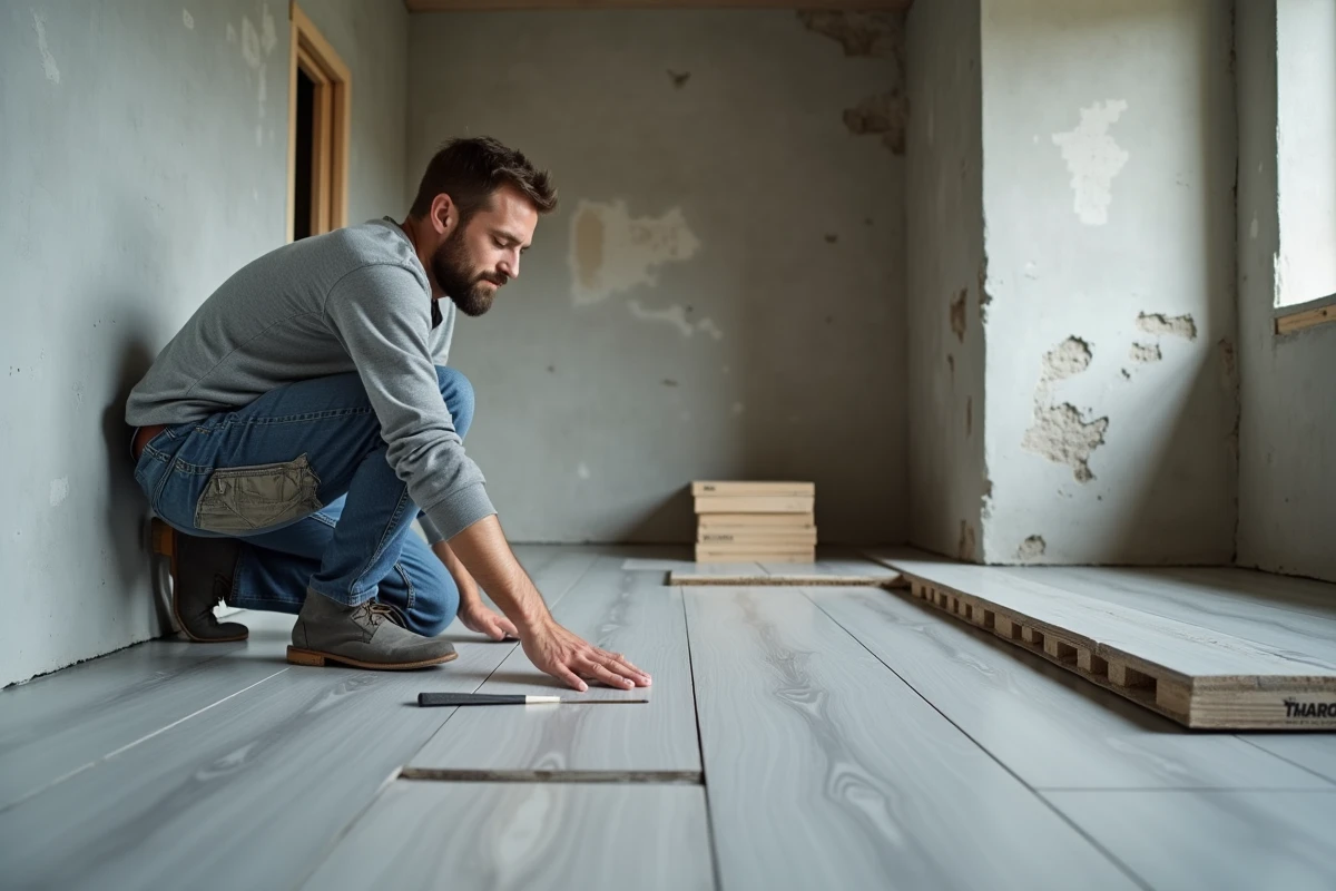 Homme posant un parquet vinyle dans un studio à rénover pour augmenter le loyer sans grands travaux