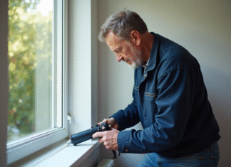 Homme appliquant du silicone sur une fenêtre intérieure