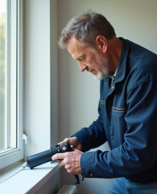 Homme appliquant du silicone sur une fenêtre intérieure