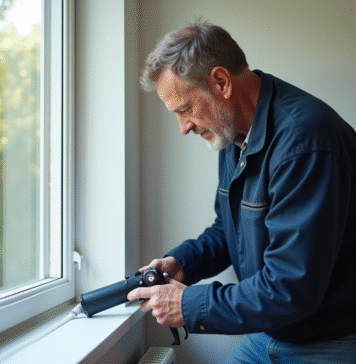 Homme appliquant du silicone sur une fenêtre intérieure