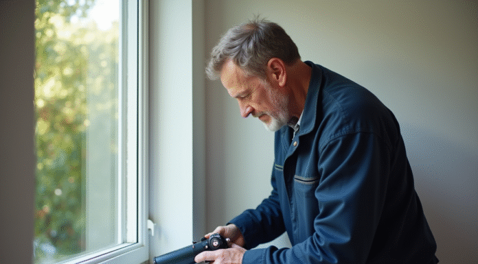 Homme appliquant du silicone sur une fenêtre intérieure