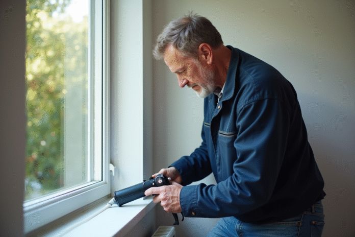 Homme appliquant du silicone sur une fenêtre intérieure