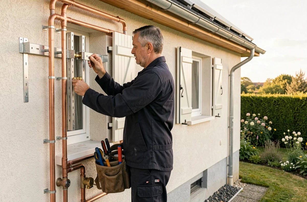 Installateur de Pro-tube gérant simultanément des raccordements de plomberie et le montage de panneaux solaires sur une maison alsacienne