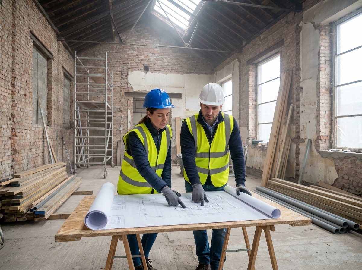 Professionnels de la maçonnerie étudiant des plans de rénovation sur un chantier de construction en cours