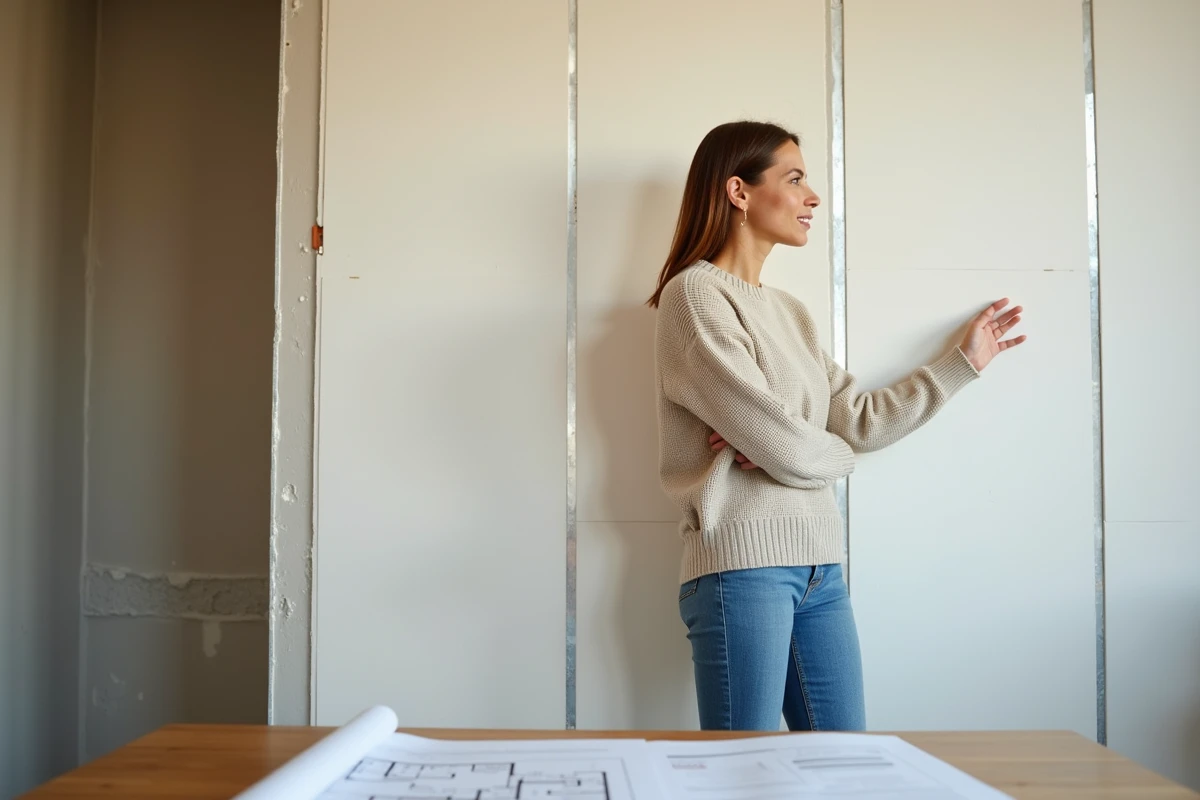 Propriétaire inspectant une plaque d'isolation thermique installée dans son salon en cours de rénovation énergétique