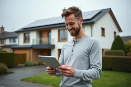 Propriétaire satisfait devant sa maison équipée de panneaux solaires par Eco Habitat Energie