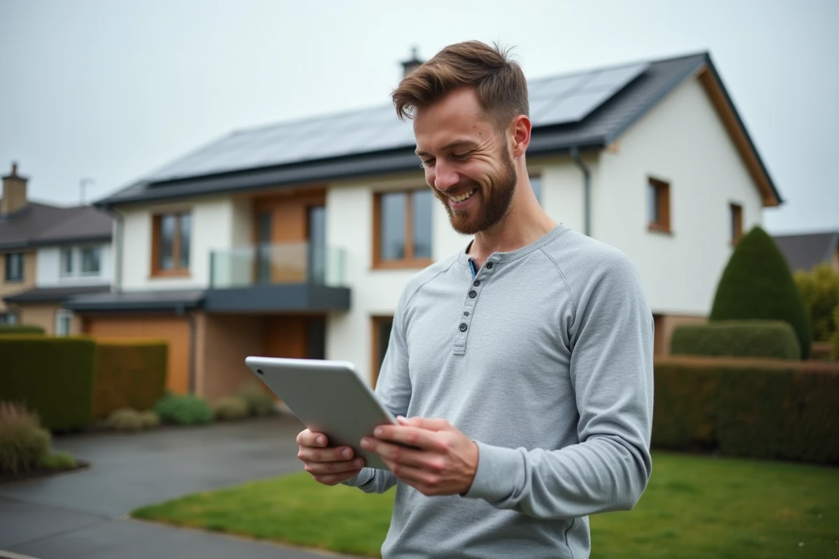 Propriétaire satisfait devant sa maison équipée de panneaux solaires par Eco Habitat Energie