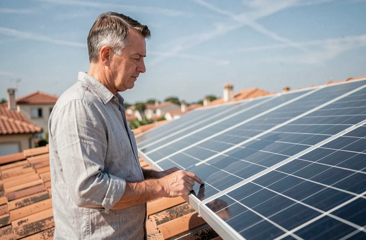 Propriétaire inspectant des panneaux solaires installés sur le toit de sa maison pour évaluer le coût de l'énergie solaire