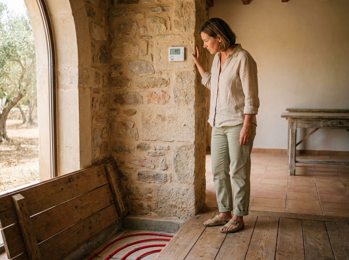 Propriétaire réglant le thermostat d'une pompe à chaleur air/eau dans une maison provençale du Var