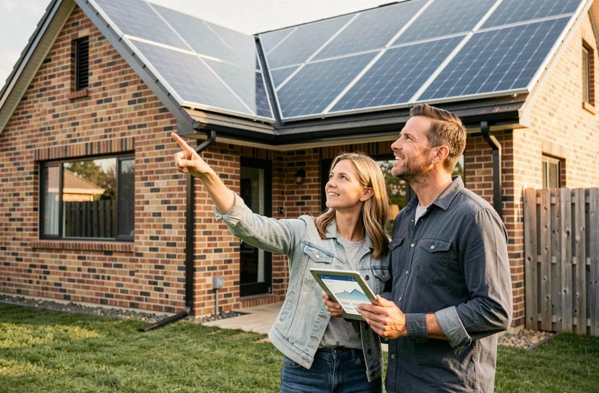Couple de propriétaires observant leurs panneaux solaires installés par EDF ENR sur leur maison