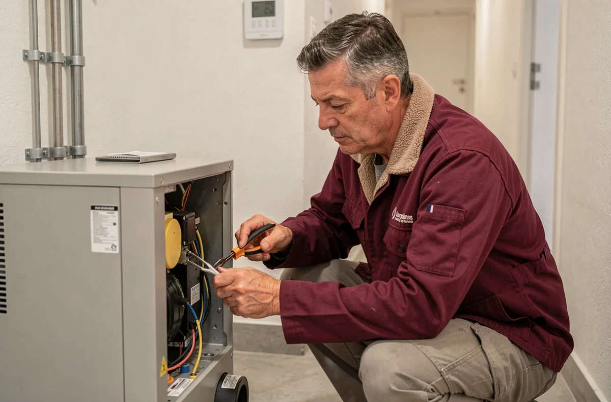 Spécialiste de Provence Chauffage Services réglant les composants internes d'une pompe à chaleur dans le couloir technique d'une maison moderne à Marseille
