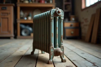 Radiateur en fonte ancien d'occasion posé dans un entrepôt de brocante avec patine originale et détails de colonnes ornementées