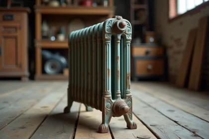 Radiateur en fonte ancien d'occasion posé dans un entrepôt de brocante avec patine originale et détails de colonnes ornementées
