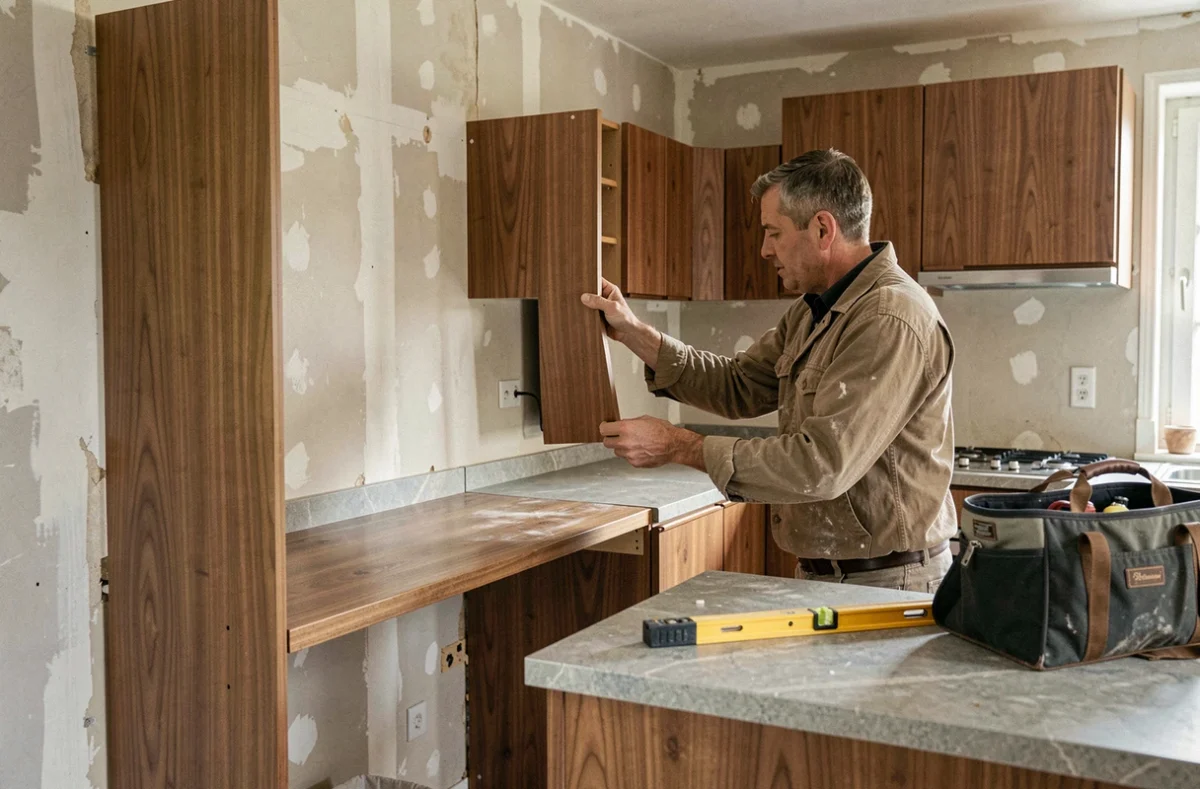 Artisan de Rançon Rénov en train d'installer des façades en noyer dans une cuisine en rénovation