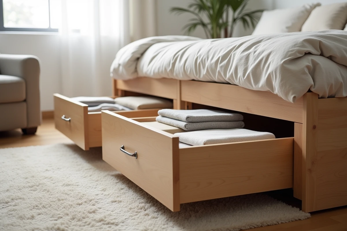 Tiroirs de rangement sous le lit d'un studio entièrement ouverts révélant des vêtements pliés organisés, illustrant l'utilisation optimale de l'espace sous les meubles