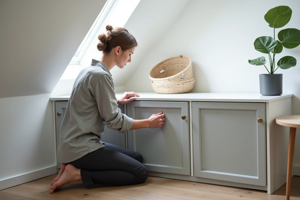 Femme ouvrant un meuble de rangement intégré sous pente dans un grenier aménagé en espace de vie