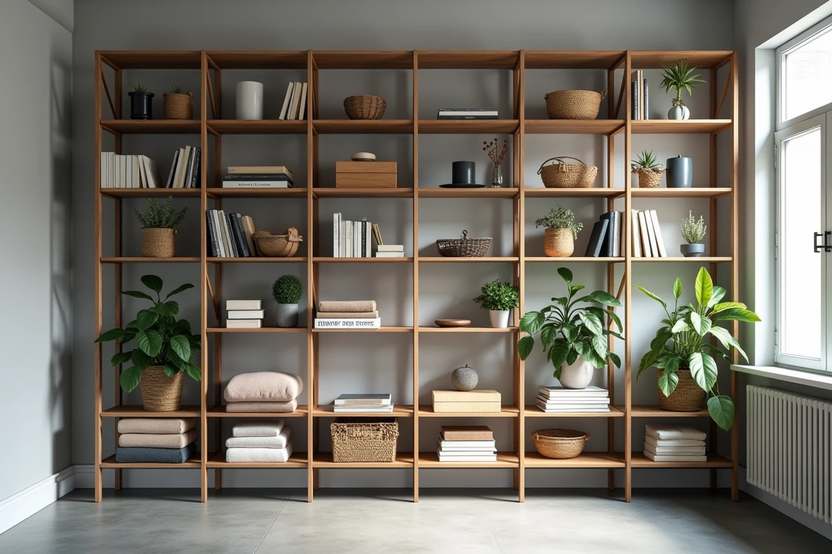 Mur d'un studio entièrement recouvert d'étagères modulaires du sol au plafond remplies de livres, plantes et boîtes de rangement pour optimiser l'espace vertical