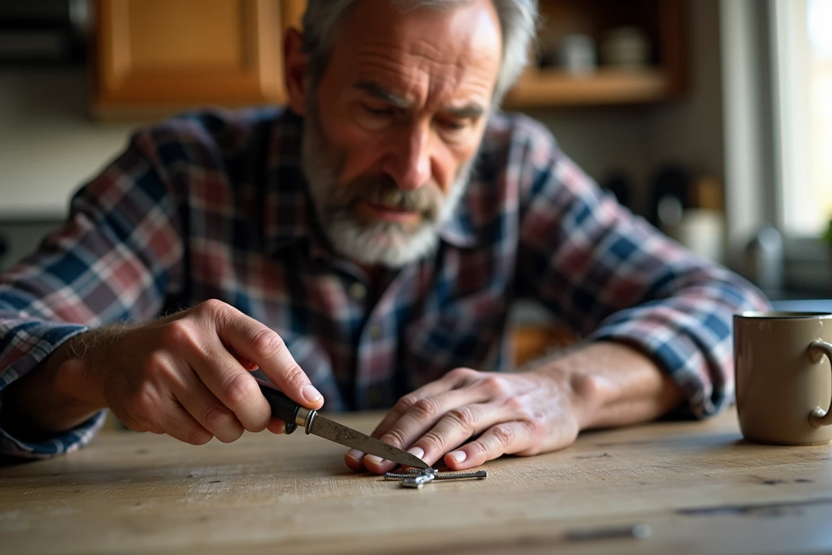 Homme expérimenté recréant une fente sur une vis foirée avec un couteau utilitaire sur une table de cuisine