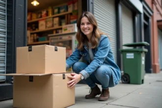 Femme récupérant des cartons gratuits devant une épicerie de quartier