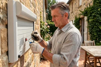 Homme réinitialisant un volet roulant solaire sur une ancienne maison française en pierre