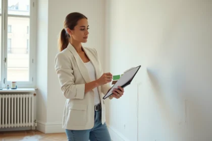 Femme évaluant des teintes de peinture dans un appartement en cours de rénovation avant mise en location