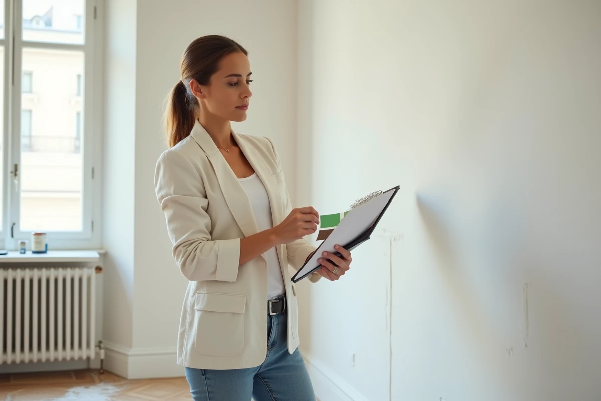 Femme évaluant des teintes de peinture dans un appartement en cours de rénovation avant mise en location