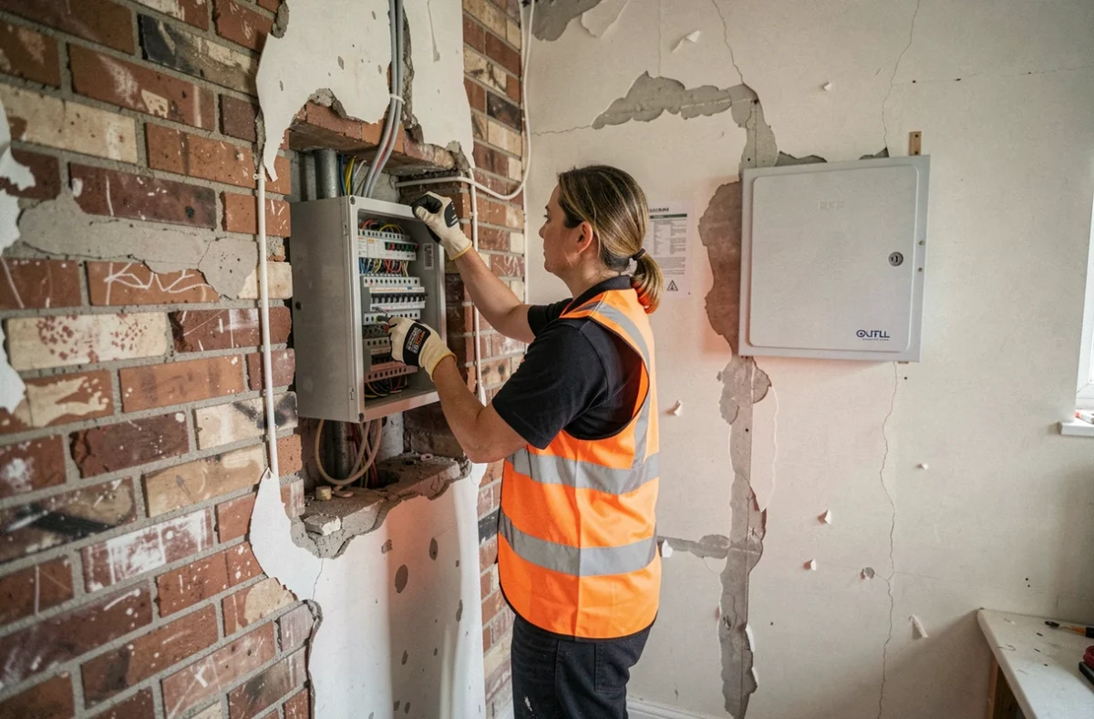 Électricienne rénovant et remplaçant une gaine technique dans un logement ancien avec ancienne installation électrique