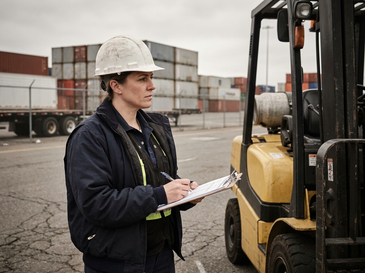 Responsable logistique féminine inspectant un chariot élévateur diesel dans une cour industrielle extérieure