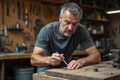 Homme retirant une vis foirée avec un tournevis et un élastique sur un établi en bois dans un atelier de bricolage