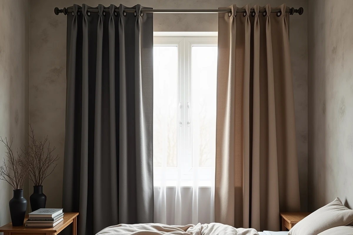 Rideaux occultants et isolants thermiques sur mesure accrochés dans une chambre à coucher contemporaine