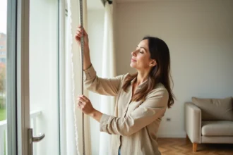 Femme mesurant une fenêtre pour installer des rideaux occultants sur mesure dans un salon moderne