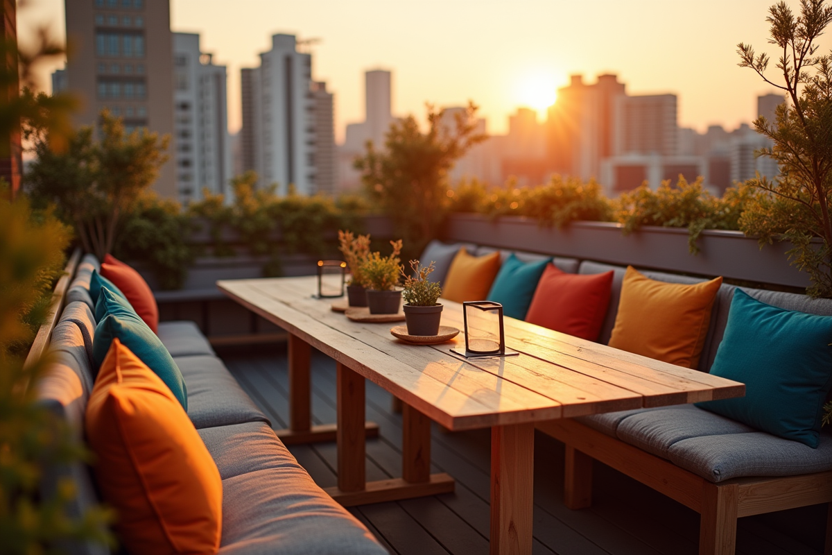 Terrasse urbaine au coucher du soleil avec coussins et décor fait maison
