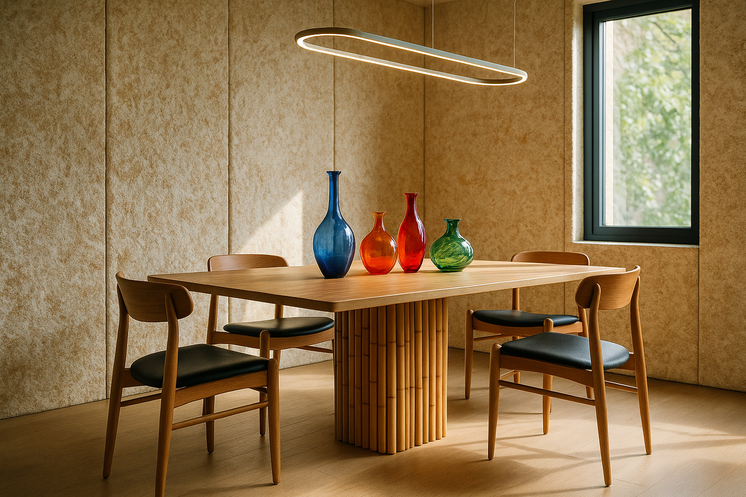 Salle à manger avec murs en mycelium et table en bambou