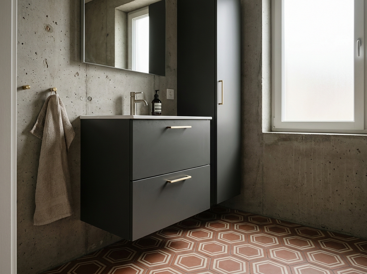 Salle de bain compacte avec meuble suspendu anthracite et carrelage hexagonal en ciment terracotta