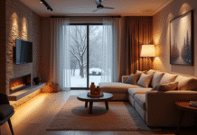 Salon moderne et chaleureux en hiver dans un sous-sol