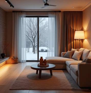 Salon moderne et chaleureux en hiver dans un sous-sol