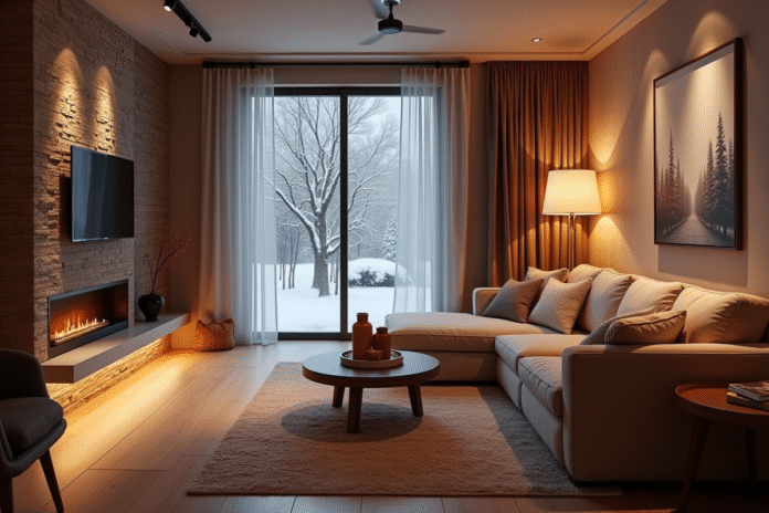 salon-basement-hiver-confort Salon moderne et chaleureux en hiver dans un sous-sol