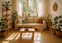 Salon cosy et lumineux avec décoration DIY et plantes